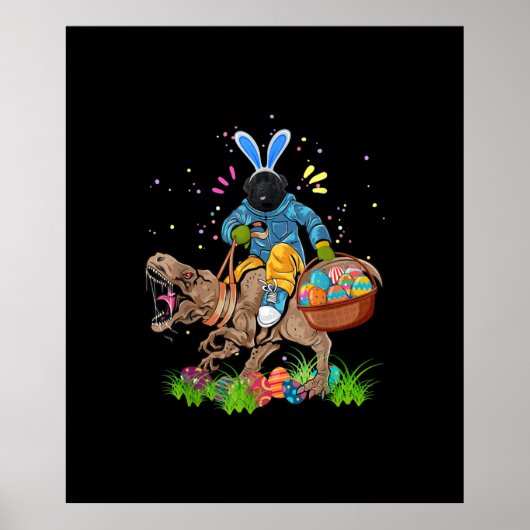 Bunny Newfoundland Dog Riding Dinosaur Easter Poster (Voorkant)
