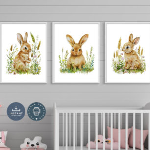 Bunny Nursery Prints, Waterverf Genderneutraal Muurkunst Sets