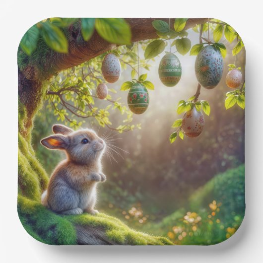 Bunny onder een easter egg tree papieren bordje (Voorkant)