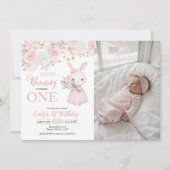 Bunny Photo First Birthday Invitation Kaart (Voorkant)