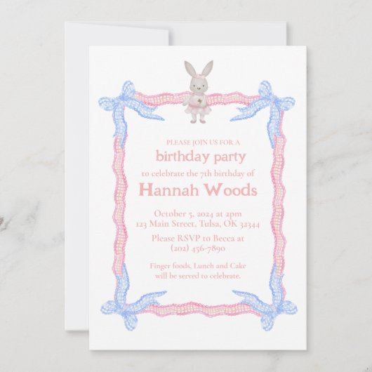 Bunny Pink Blue Coquette Ruban Party Invitations (Devant)