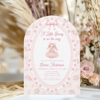 Bunny Pink Bow Floral Baby Shower Invitation