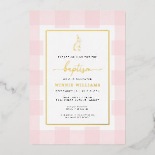 Bunny Pink Gingham Baptism Gold Foil Uitnodiging