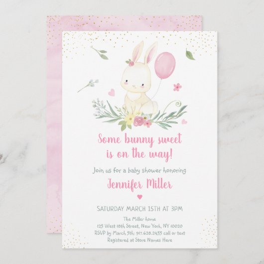 Bunny Pink Gold Floral Girl Baby shower Uitnodigin Kaart (Voorkant / Achterkant)