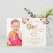 Bunny Pink Gold Photo 1er Invitation anniversaire (Debout devant)