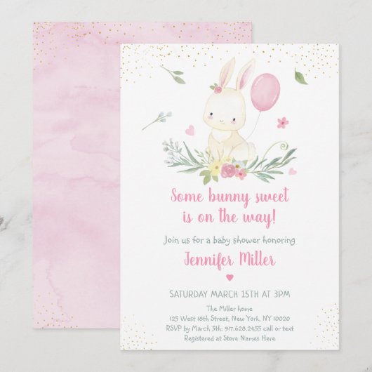 Bunny Pink or Floral Girl Baby shower Invitation (Devant / Derrière)