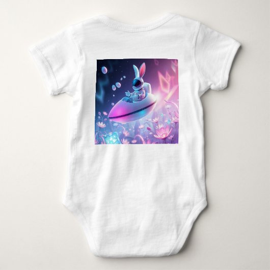 Bunny, puppy front & space neon Easter bunny back Romper (Achterkant)