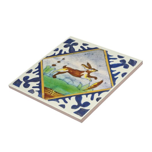 Bunny Rabbit 1650s Delft Polychrome Repro Tegeltje (Zijkant)