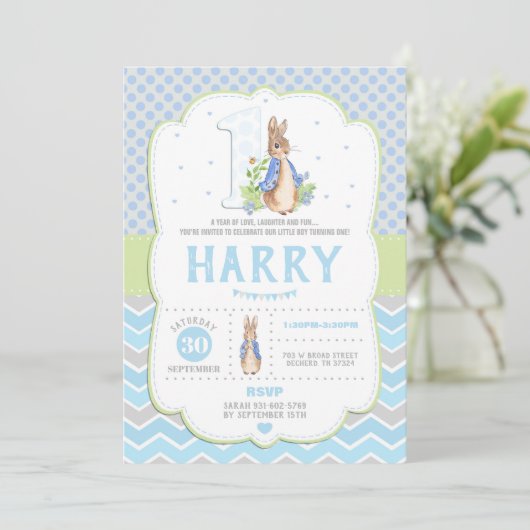 Bunny Rabbit 1e verjaardag Uitnodigingen Jongens (Staand voorkant)