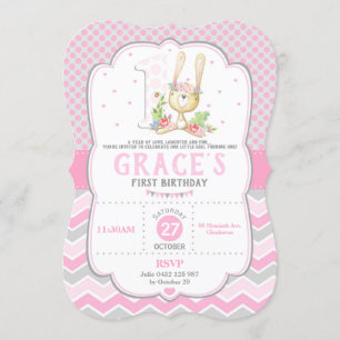 Bunny Rabbit 1st Birthday Invitation Pink Girl Kaart