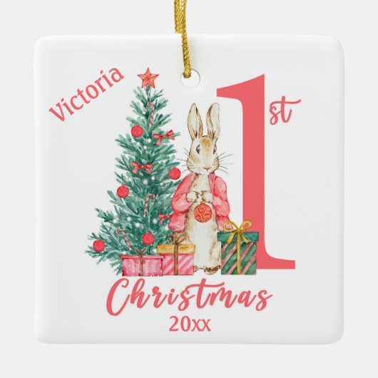 Bunny Rabbit 1st Eerste Kerstdag Gepersonaliseerd Keramisch Ornament (Voorkant)
