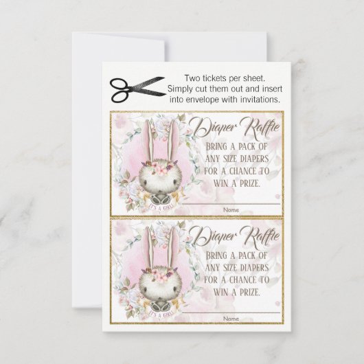 Bunny Rabbit Baby Meisje Luier Raffle Tickets Kaart (Voorkant)