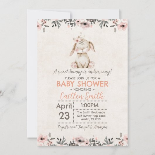 Bunny Rabbit Baby shower douce fille invitation (Devant)