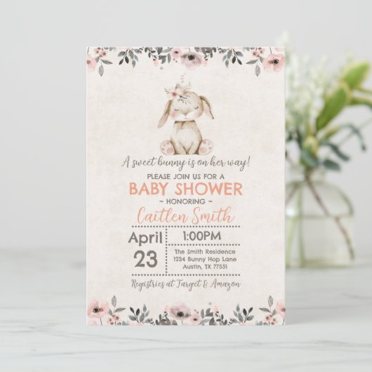 Bunny Rabbit Baby shower douce fille invitation (Debout devant)