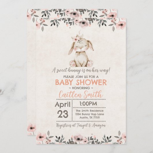 Bunny Rabbit Baby shower douce fille invitation (Devant / Derrière)