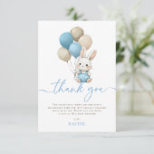 Bunny Rabbit Balloons Blue Boy Baby shower Bedankkaart (Staand voorkant)