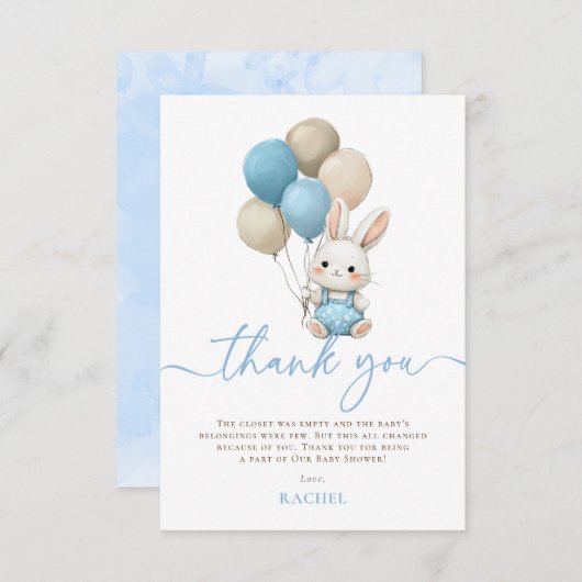 Bunny Rabbit Balloons Blue Boy Baby shower Bedankkaart (Voorkant / Achterkant)