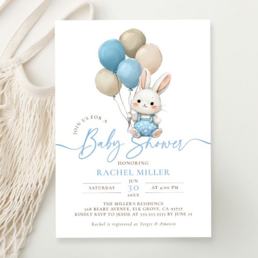 Bunny Rabbit Balloons Blue Boy Baby shower Kaart