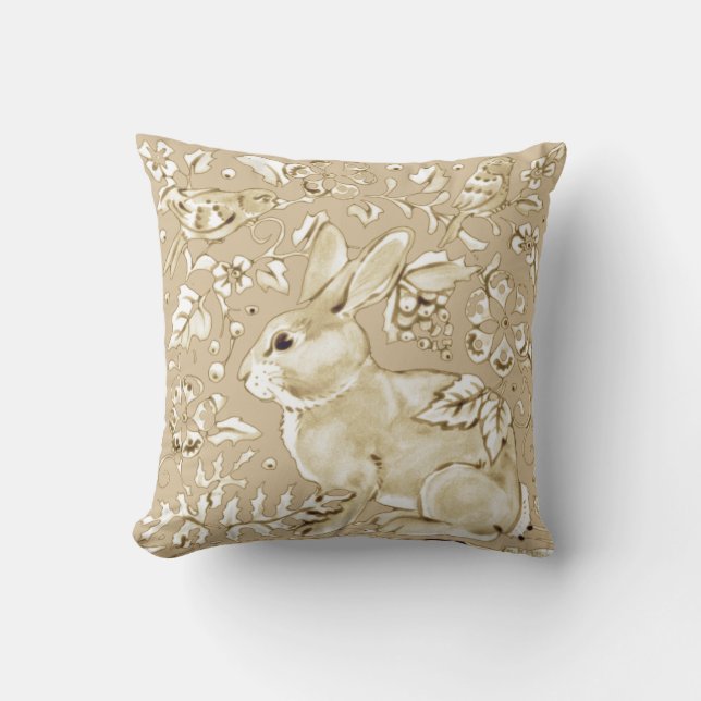 Bunny Rabbit Bird Beige Tan, Ivory Floral Elegant Kussen (Voorkant)