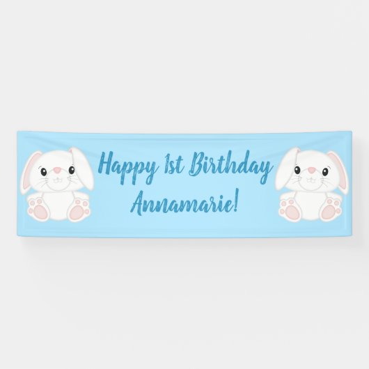 Bunny Rabbit Birthday Party Blue Spandoek (Horizontaal)
