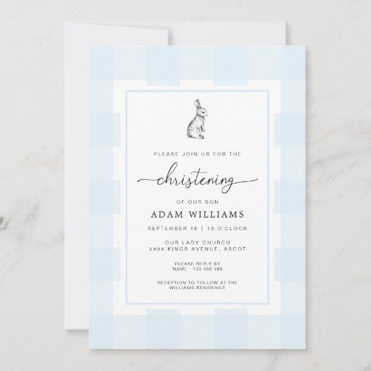 Bunny Rabbit bleu En vichy Christening Invitation (Devant)