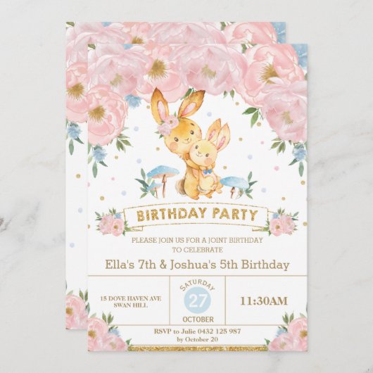 Bunny Rabbit Bloemen Gewricht Verjaardag Zus Broer Kaart (Voorkant / Achterkant)