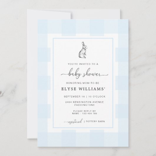 Bunny Rabbit Blue En vichy Baby shower Invitation (Devant)
