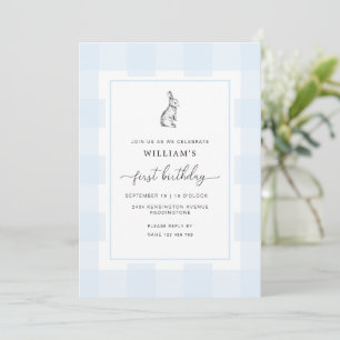 Bunny Rabbit Blue Gingham 1st Birthday Invitation Kaart