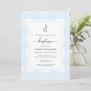 Bunny Rabbit Blue Gingham Baptism Invitation Kaart