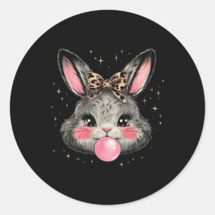 Bunny Rabbit Face Leopard Coquette Bow Paasdag Ronde Sticker