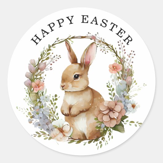 Bunny Rabbit Floral Krans Pasen Ronde Sticker (Voorkant)