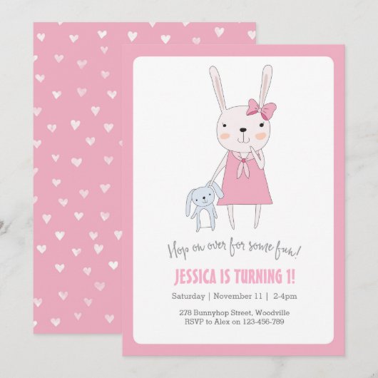 Bunny Rabbit Girl Birthday Uitnodiging (Voorkant / Achterkant)