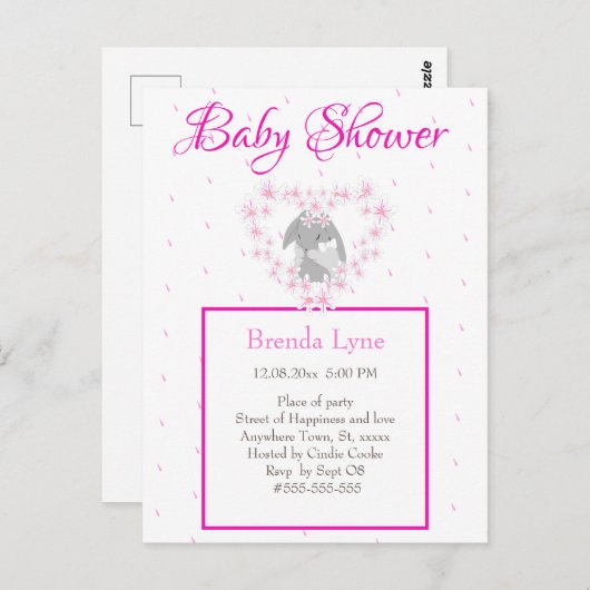Bunny Rabbit Girl Pink Baby shower uitnodiging Pos (Voorkant / Achterkant)