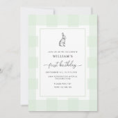 Bunny Rabbit Green Gingham 1st Birthday Invitation Kaart (Voorkant)