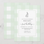 Bunny Rabbit Green Gingham 1st Birthday Invitation Kaart (Voorkant / Achterkant)