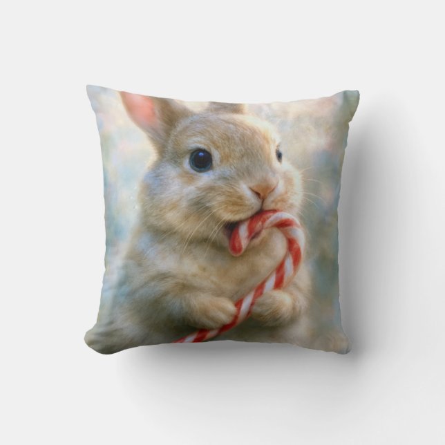 Bunny Rabbit Nibbling On a Candy Cane Kussen (Voorkant)