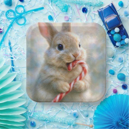 Bunny Rabbit Nibbling On a Candy Cane Papieren Bordje (Feest)