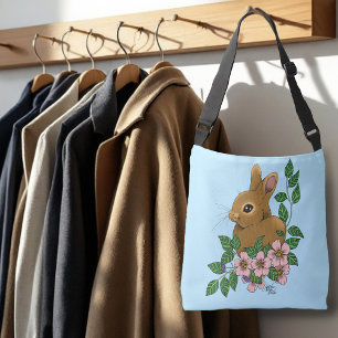 Bunny Rabbit Pink Flowers Crossbody Tas