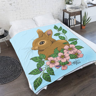 Bunny Rabbit Pink Flowers Fleece Deken
