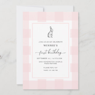 Bunny Rabbit Pink Gingham 1st Birthday Uitnodiging