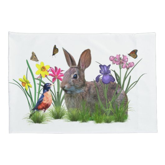 Bunny Rabbit, Robin en Flowers,  Kussensloop (Achterkant-Rechts)