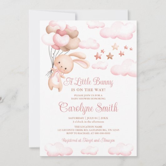 Bunny Rabbit rose Baby shower de ballon Invitation (Devant)