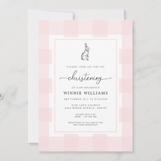Bunny Rabbit rose En vichy Christening Invitation (Devant)