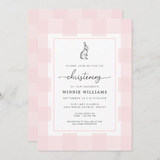 Bunny Rabbit rose En vichy Christening Invitation (Devant / Derrière)