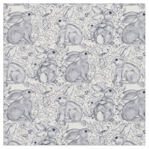Bunny Rabbit Toile Pattern Blue & White Cute Decor Stof