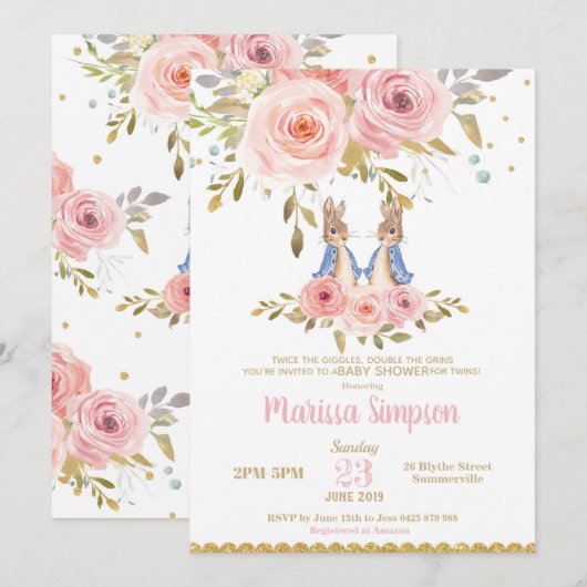 Bunny Rabbit Twin Girls Baby shower Invitation (Devant / Derrière)