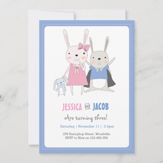 Bunny Rabbit Twins Birthday Uitnodiging (Voorkant)