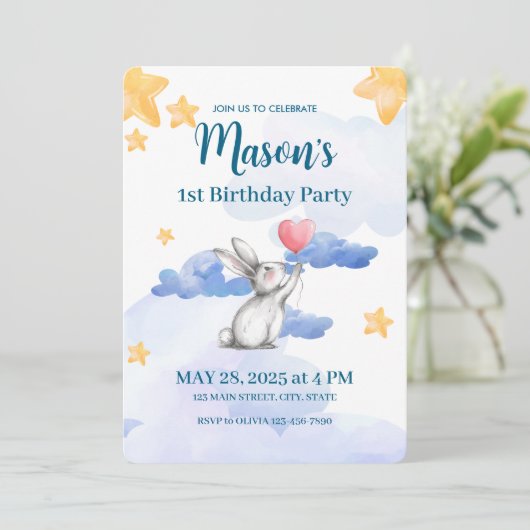 Bunny Rabbit Verjaardagsfeestje Uitnodiging Jongen (Staand voorkant)