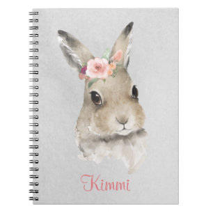 Bunny Rabbit Waterverf Floral Name Cute Gray Notitieboek