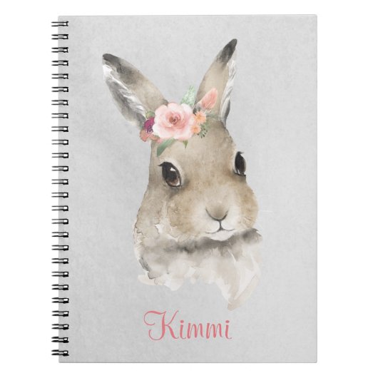 Bunny Rabbit Waterverf Floral Name Cute Gray Notitieboek (Voorkant)
